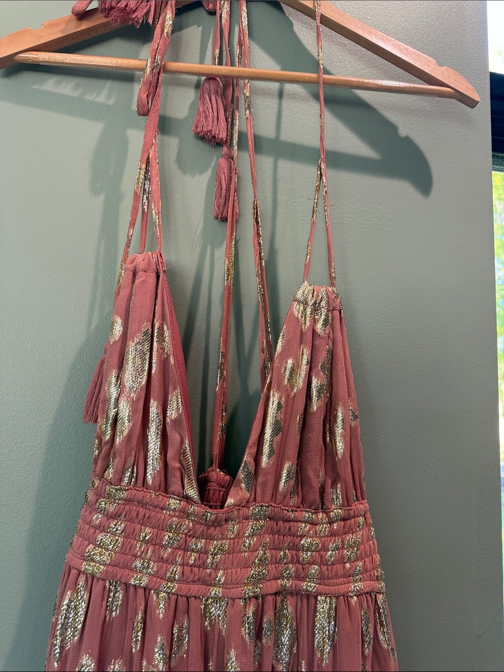 Altar'd State Rose Pink Maxi Dress with Gold Metallic Accents - Picture 3 of 6